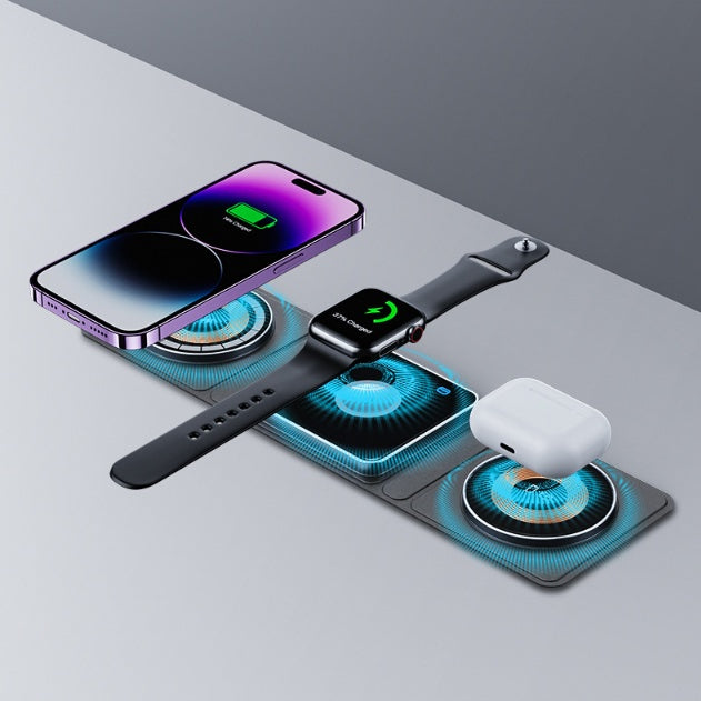 3-in-1 Magnetic Wireless Charger Stand – Foldable Fast Charging for iPhone, AirPods & Apple Watch
