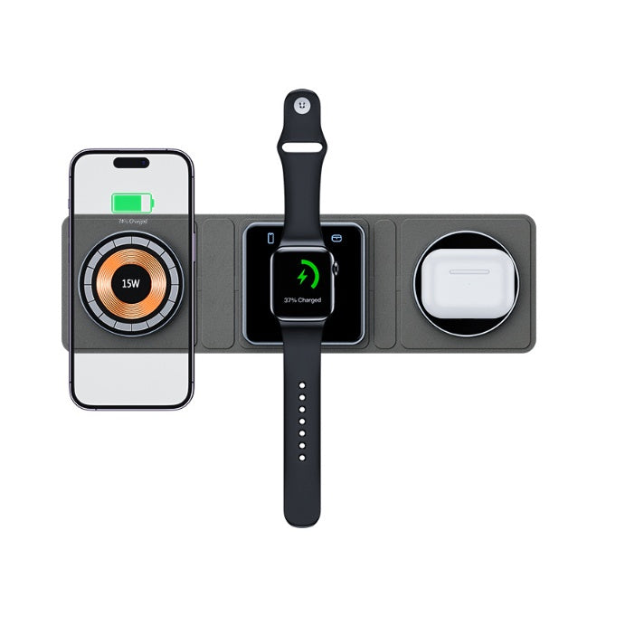 3-in-1 Magnetic Wireless Charger Stand – Foldable Fast Charging for iPhone, AirPods & Apple Watch